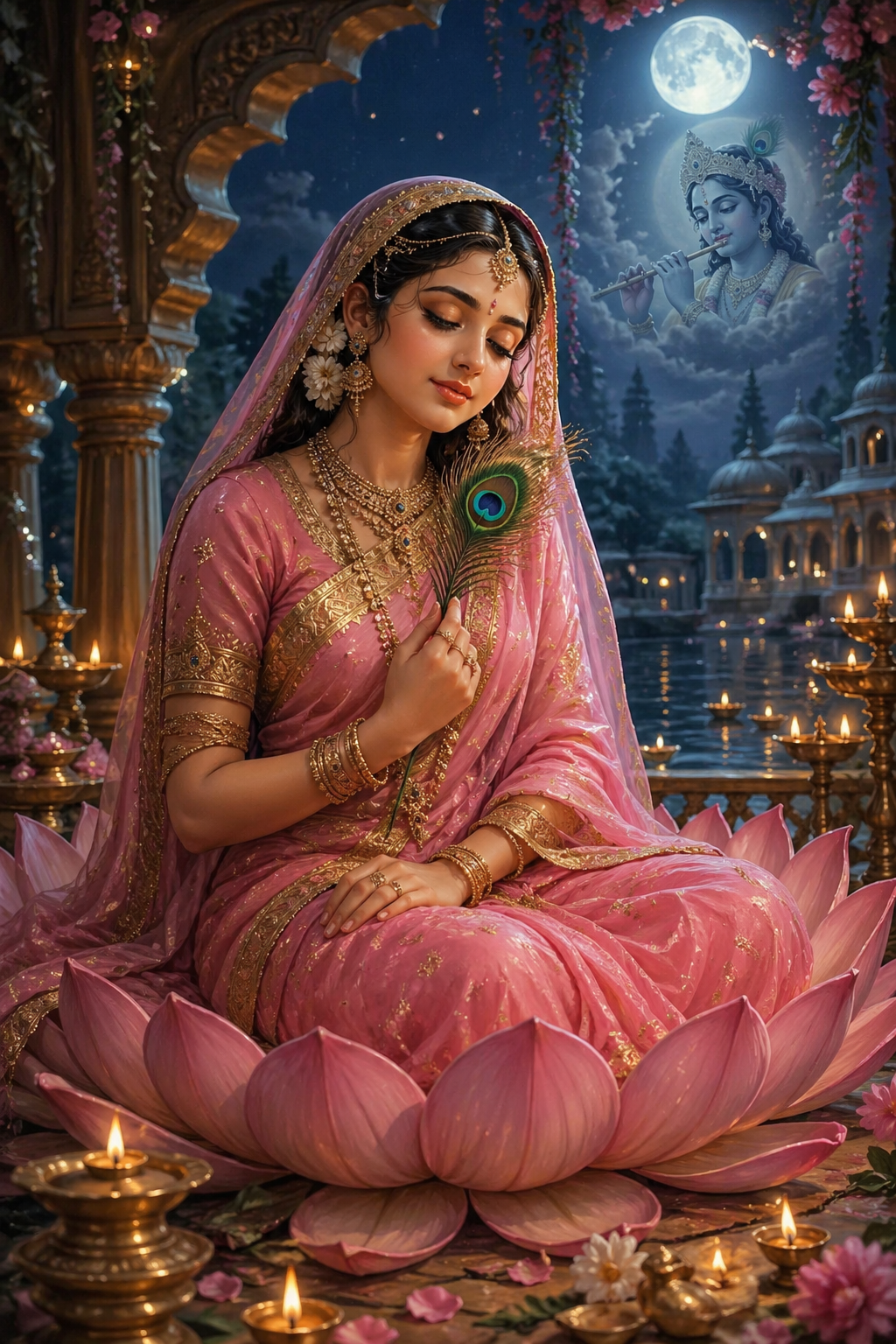 Radha Rani seated in devotional meditation with peacock feather in hand in temple interior with warm lamp glow — HD wallpaper